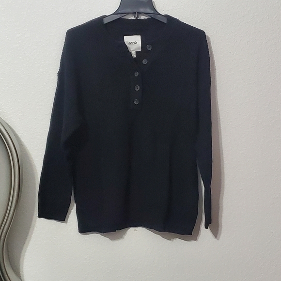 New Women's 100% Cotton Aerie Henley Long Sleeve Black Knit Top 1/4" Button Top - Picture 3 of 7